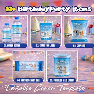 May include: A collection of birthday party items, including water bottles, Capri Sun labels, chip bags, Hershey candy bars, and Pringles labels. Each item features a blue and white design with cartoon characters and the text "James's 6th Birthday". The image also includes the text "10+ Birthday Party items" and "Editable Canva Template".