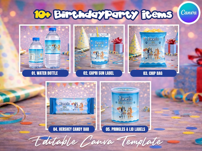 May include: A collection of birthday party items, including water bottles, Capri Sun labels, chip bags, Hershey candy bars, and Pringles labels. Each item features a blue and white design with cartoon characters and the text "James's 6th Birthday". The image also includes the text "10+ Birthday Party items" and "Editable Canva Template".