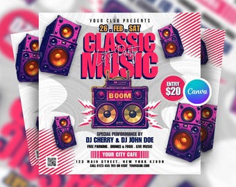 Editable Classic Music Party Flyer Canva Template, Digital Concert Invite, Social Media Music Event Post, Party Promotion Flyer Canva