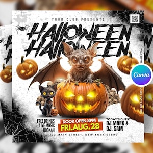 Bearbeitbarer Halloween Night Party Flyer Canva-Vorlage, gruselige Social Media-Einladung, DIY Süßes oder Saures quadratischer Flyer, digitales Party-Design