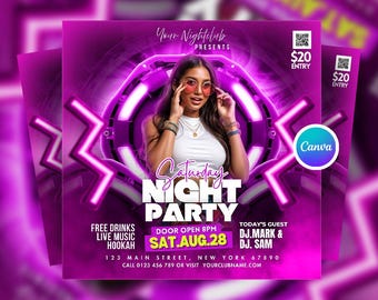 Editable Saturday Night Club Party Flyer Canva Template, Nightclub DJ Event Flyer, Girls Night Out Canva Invite, Digital Night Club Flyer