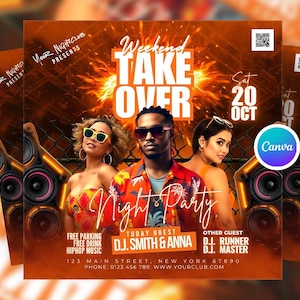 May include: A promotional flyer for a weekend night party, featuring three people in the center. The flyer has a fiery orange and brown background with the text "Weekend Take Over Night Party" and the date "Sat 20 Oct".
