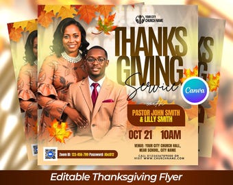 Editable Thanksgiving Church Flyer Canva Template, Fall Worship Service Flyer, Religious Church Event Flyer Design