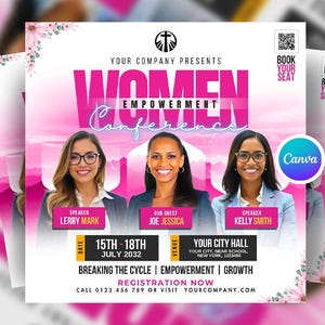 Pode incluir: Um flyer rosa e branco promovendo uma "Conferência de Empoderamento Feminino". Apresenta três mulheres sorrindo, o título da conferência, a data, o local e as informações de registro. O logotipo da Canva é visível.