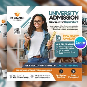 May include: Promotional flyer for university admission. The image features a woman holding a phone and a stack of papers. Text includes "University Admission," "Online Registration," and "20+ AI Classes."