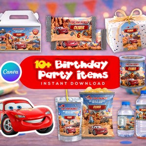 Könnte beinhalten: Eine Sammlung von Geburtstagsartikeln mit einem roten Rennwagen-Thema. Enthält eine Geschenkbox, Party-Taschen, Wasserflaschen und ein rotes Schild mit der Aufschrift "10+ Birthday Party Items Instant Download".