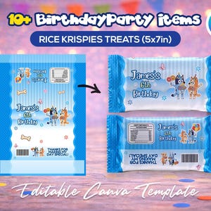 May include: Blue Rice Krispies Treats packaging for a 6th birthday party. The packaging features cartoon characters, the name "James", and the text "Thanks for making my day special!" The treats measure 5x7 inches.