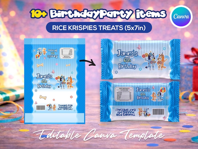 May include: Blue Rice Krispies Treats packaging for a 6th birthday party. The packaging features cartoon characters, the name "James", and the text "Thanks for making my day special!" The treats measure 5x7 inches.