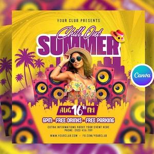 Editable Summer Party Canva Post, Beach party Flyer, Social Media Summer Party Canva Flyer, Canva Editable Party Canva Flyer, Tropical Party