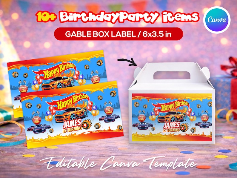 Race car themed birthday party favor bundle with printable labels and wrappers for kids’ snacks, toy car favors and party decorations. Designed for car-themed birthdays and racing-style celebrations.
