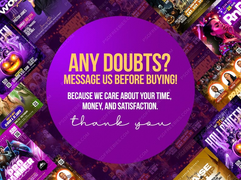 Op de afbeelding: Een collage van evenementenflyers met een paarse cirkelvormige afbeelding in het midden. De afbeelding heeft de tekst "ANY DOUBTS? MESSAGE US BEFORE BUYING!" in het geel, met extra tekst eronder. De flyers hebben verschillende kleuren en thema's.