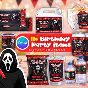 May include: A collection of birthday party items featuring a black and white Ghostface design with a red knife. Items include candy wrappers, a gift box, a gift tag, cans, water bottles, and snack bags. Text includes "Have a Killer Birthday" and "Michael's 15th Birthday."