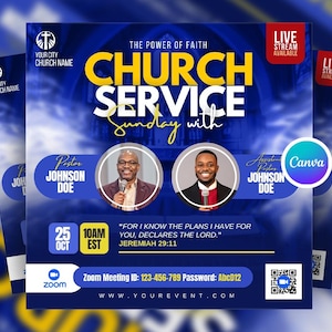 May include: A blue and white flyer promoting a church service. The text reads "CHURCH SERVICE Sunday with" and includes the date, time, and Zoom meeting details. Two pastors are pictured. The flyer also says "Live Stream Available."