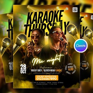 May include: A promotional flyer for a karaoke night event. The design features two women holding microphones, with the words "Karaoke Thursday" in large letters. The flyer includes event details, date, and contact information.