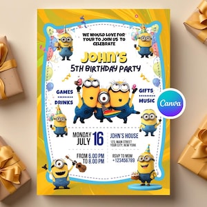 Modelo de convite de aniversário dos Minions, convite editável para festa infantil, cartão de aniversário engraçado com tema dos Minions, modelo de convite de aniversário infantil