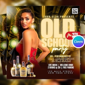 Può includere: Volantino promozionale per un "Old School Party" con una donna in abito rosso e bottiglie di tequila. Il volantino pubblicizza "Live Music" e i dettagli dell'evento. Il testo include "Your Club Presents".
