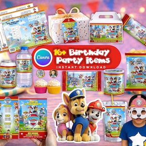 Op de afbeelding: Een verzameling feestartikelen met het thema Paw Patrol. Inclusief uitnodigingen, geschenkdozen, waterflessen, cupcakes en een kind met een masker. De tekst op de afbeelding luidt "16+ Birthday Party items" en "Custom Turns".