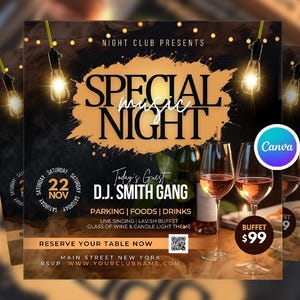 May include: A promotional flyer for a night club event. The design features the text "SPECIAL MUSIC NIGHT" in gold against a dark background. The flyer includes details about the event, such as the date, guest DJ, and buffet price.