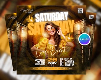 Editable Weekend DJ Night Club Party Flyer Canva Template, Saturday Night Party Canva Flyer, Night Club DJ Music Party Flyer Canva Template
