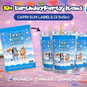 May include: Blue Capri Sun labels (3.5x5in) for a birthday party. The labels feature cartoon characters and the text "James's 6th Birthday". The image also includes the text "10+ Birthday Party items" and "Editable Canva Template".