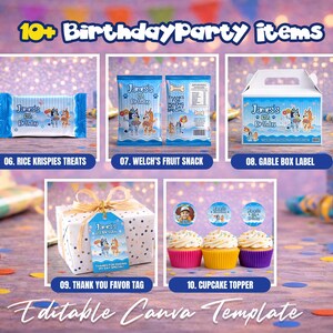 Blue Puppy Birthday Party Favor Bundle, Editable Cartoon Blue Dog Theme Party Decorations, Chip Bag Water Label Canva Template image 3