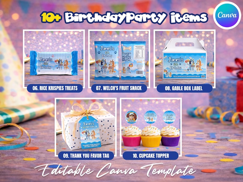 Blue Puppy Birthday Party Favor Bundle, Editable Cartoon Blue Dog Theme Party Decorations, Chip Bag Water Label Canva Template image 3