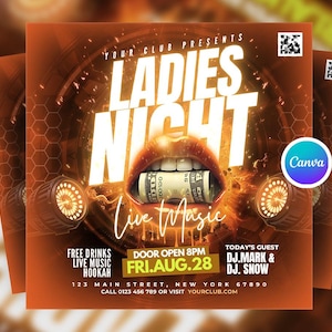 Editable Ladies Night Club Party Flyer Canva Template, Girls Night Out Canva Flyer, Orange Club Party Flyer, Ladies Night Flyer Canva