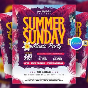 Editable Summer Sunday Party Flyer Canva Template, Tropical Beach Club Flyer, Digital Summer Night Event Invite, Summer DJ Party Canva Flyer