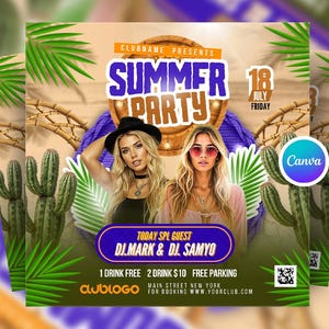 Summer Party Social Media Flyer Canva Template, Editable Pool Beach Party Flyer, Tropical DJ Party Canva Post, Music Party Square Club Flyer