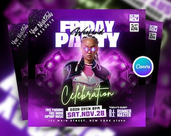 Editable Music Party Flyer Template, Club DJ Event Invite (Canva, Digital Download)
