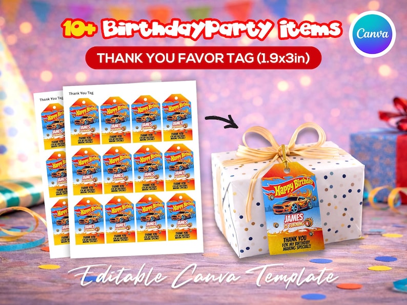 Race car themed birthday party favor bundle with printable labels and wrappers for kids’ snacks, toy car favors and party decorations. Designed for car-themed birthdays and racing-style celebrations.