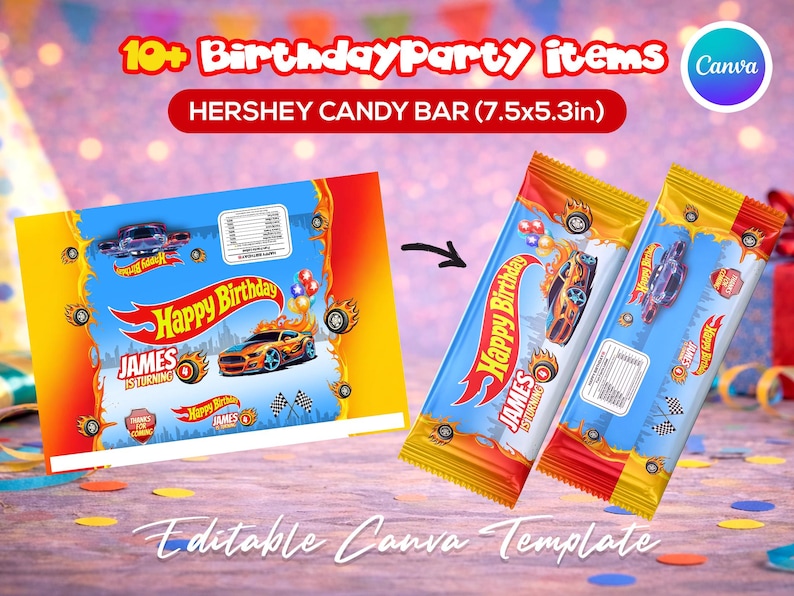Race car themed birthday party favor bundle with printable labels and wrappers for kids’ snacks, toy car favors and party decorations. Designed for car-themed birthdays and racing-style celebrations.