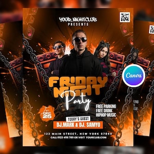 Bearbeitbare Freitag DJ Musik Party Canva Flyer Vorlage, Club Night Flyer für Social Media, Digital DJ Event Invite, Instagram Post, Canva Flyer