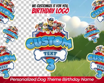 Gepersonaliseerde hondenthema gelukkige verjaardag naam png, aangepaste verjaardagstaart topper ontwerp, digitale download feestkunstwerk