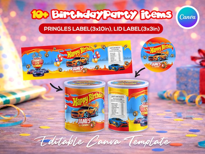 Race car themed birthday party favor bundle with printable labels and wrappers for kids’ snacks, toy car favors and party decorations. Designed for car-themed birthdays and racing-style celebrations.