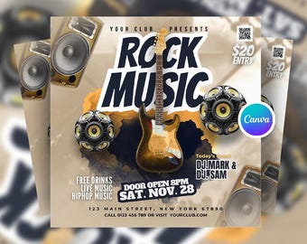 Editable Rock Music Event Post Canva Template, Digital Concert Flyer, Band Night Social Media Promotion Flyer Canva