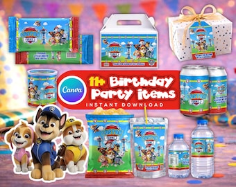 Pfote Welpen Rettung Geburtstag Party Favor Bundle 11 Artikel, Hund Held Thema Kinderdekorationen, bearbeitbare Chip Tasche Wasser Label Canva Vorlage