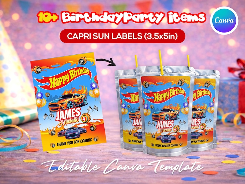 Race car themed birthday party favor bundle with printable labels and wrappers for kids’ snacks, toy car favors and party decorations. Designed for car-themed birthdays and racing-style celebrations.