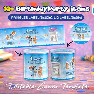 May include: Blue and white birthday party items, including Pringles labels and lid labels, featuring cartoon dogs and the text "James's 6th Birthday." The image also includes the text "Editable Canva Template."