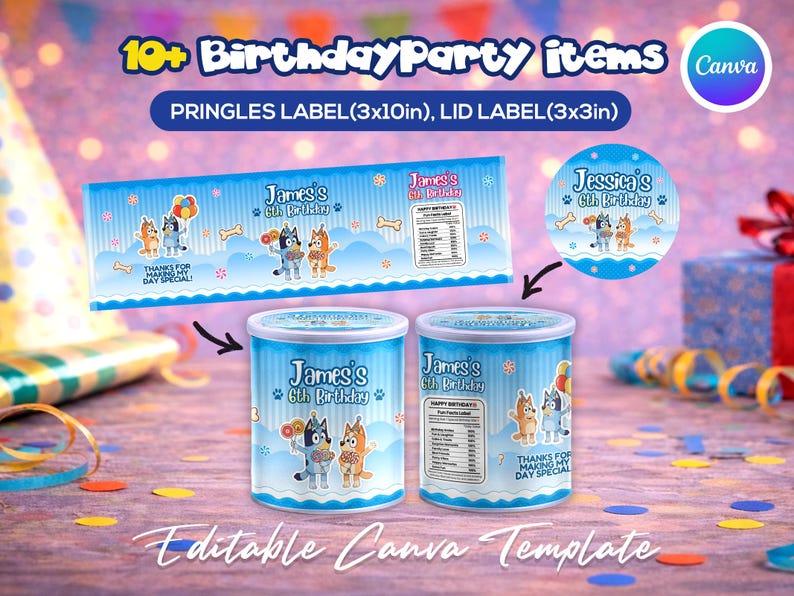 May include: Blue and white birthday party items, including Pringles labels and lid labels, featuring cartoon dogs and the text "James's 6th Birthday." The image also includes the text "Editable Canva Template."
