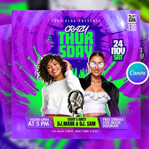 Editable Thursday Night Party Flyer Canva Template, Crazy Club Party Flyer, Night Club Canva Flyer for DJ Events, Digital Club Night Flyer