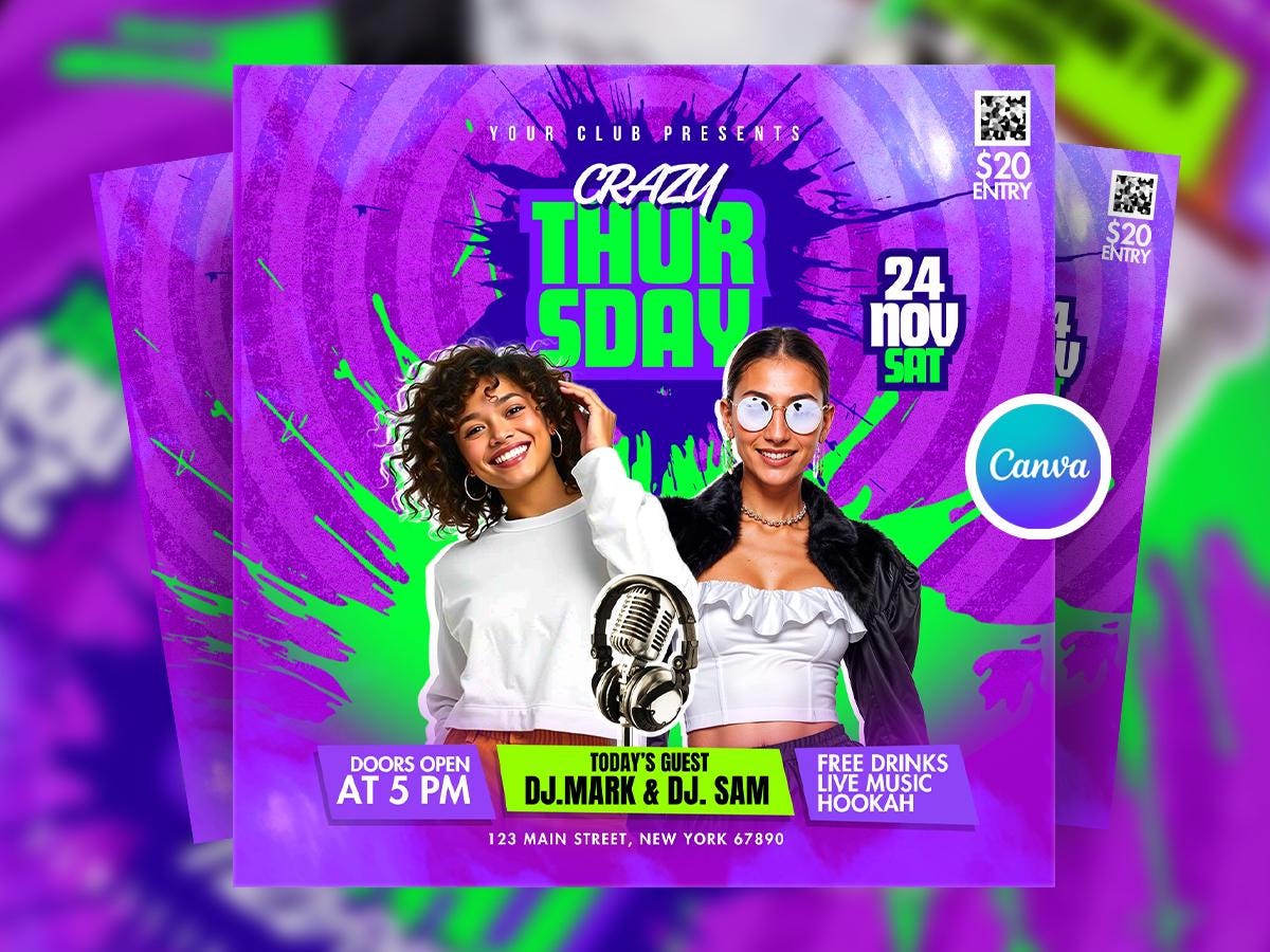 Editable Thursday Night Party Flyer Canva Template, Crazy Club Party Flyer, Night Club Canva Flyer for DJ Events, Digital Club Night Flyer