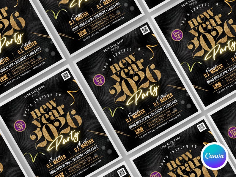 Editable Happy New Year 2026 Party Flyer Canva Template, Modern NYE ...