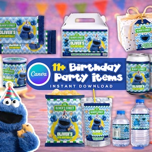 May include: A selection of birthday party supplies with a blue monster theme. The items include wrappers, a gift box, party favor boxes, drink cans, water bottles, and a plush toy. The theme is "Oliver's 6th Birthday".