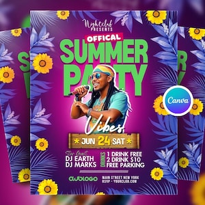 Editable Summer Party Flyer Canva Template, Tropical DJ Night Flyer, Beach Vibes Club Party Invite, Bright Summer Event Social Media Post