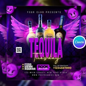 Editable Tequila Tuesday Night Club Flyer Canva Template, Tuesday Party Canva Flyer, Digital Tequila Bar Night Flyer, Party Invite Flyer