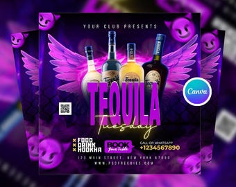 Edytowalny szablon ulotki Canva na imprezę wtorkową Tequila Night Club, ulotka Canva na imprezę wtorkową, cyfrowa ulotka na imprezę w barze Tequila Night, ulotka z zaproszeniem na imprezę