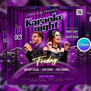 Modello Canva per volantino modificabile per social media per serata karaoke, volantino fai da te per festa in discoteca, volantino digitale per serata karaoke, volantino di invito per evento musicale