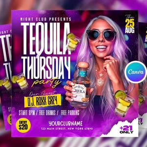 Editable Tequila Thursday Party Flyer Canva Template, DJ Night Club Event Flyer, Thursday Tequila Night Social Media Flyer, Club Party Canva