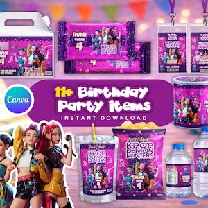Paquete de recuerdos para fiesta estilo K-Pop, decoraciones de cumpleaños de ídolos morados y rosados, plantilla editable de Canva para etiqueta de agua con bolsa de papas fritas con pase VIP